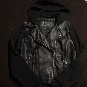 Faux Black Leather Zip-up Jacket with Hood